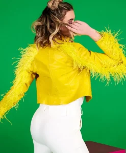 Donna D'Arienzo Alice - Giacca corta in pelle naturale gialla stile chiodo con piume