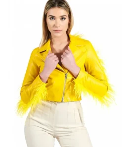 Donna D'Arienzo Alice - Giacca corta in pelle naturale gialla stile chiodo con piume