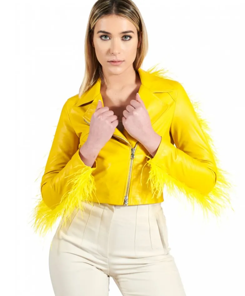 Donna D'Arienzo Alice - Giacca corta in pelle naturale gialla stile chiodo con piume