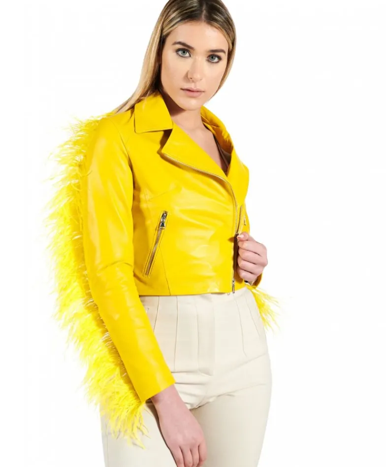 Donna D'Arienzo Alice - Giacca corta in pelle naturale gialla stile chiodo con piume
