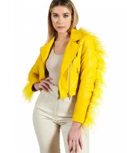Donna D'Arienzo Alice - Giacca corta in pelle naturale gialla stile chiodo con piume