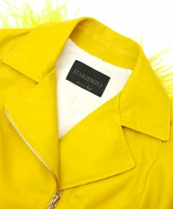 Donna D'Arienzo Alice - Giacca corta in pelle naturale gialla stile chiodo con piume