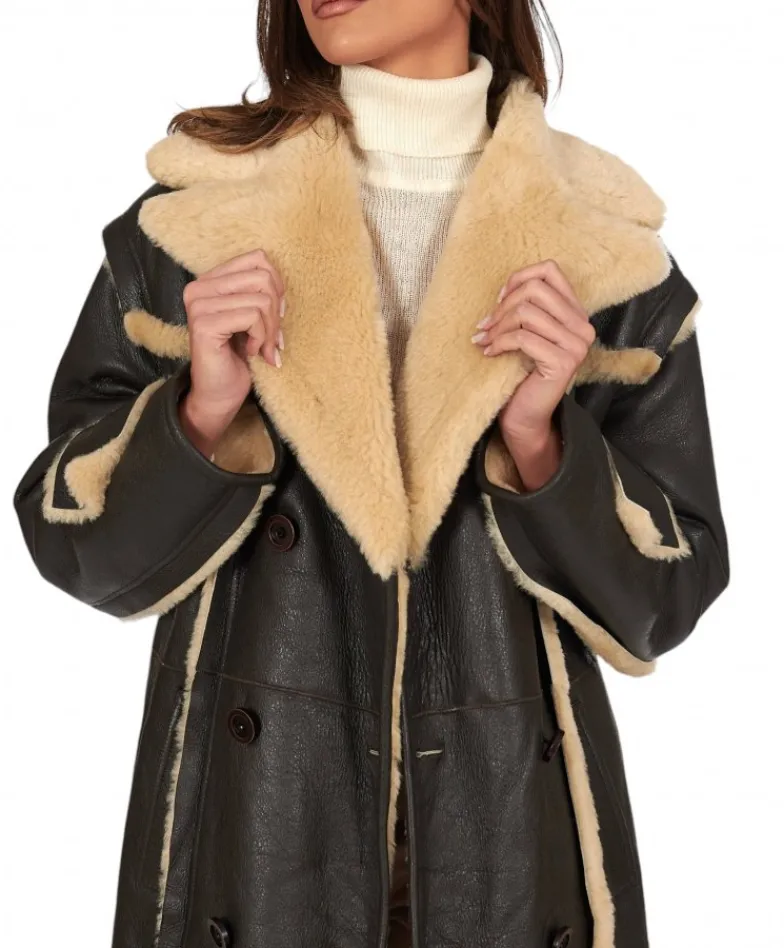 Donna D'Arienzo Alix - Cappotto in montone testa di moro doppiopetto effetto vintage