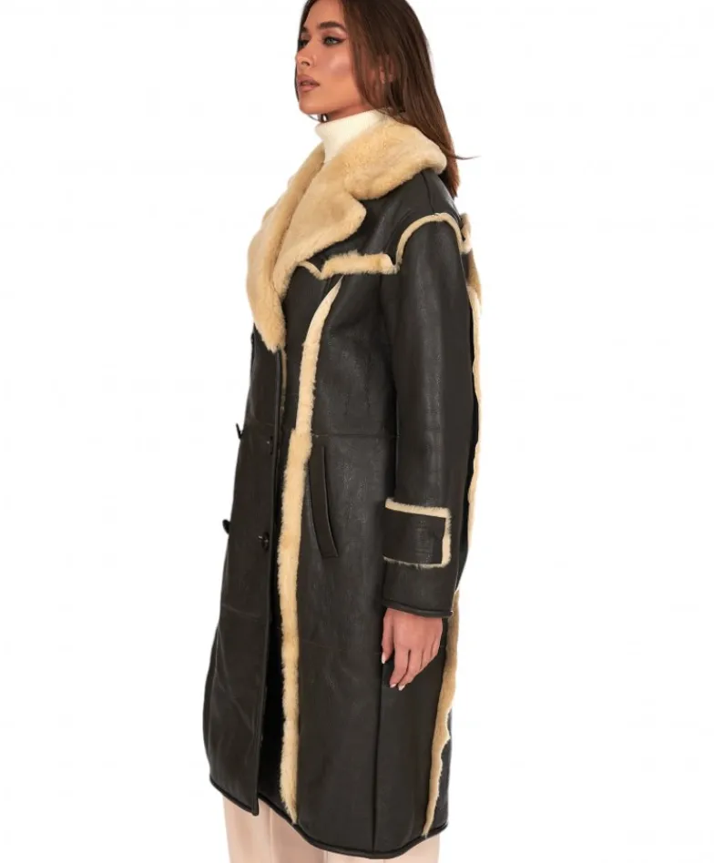 Donna D'Arienzo Alix - Cappotto in montone testa di moro doppiopetto effetto vintage