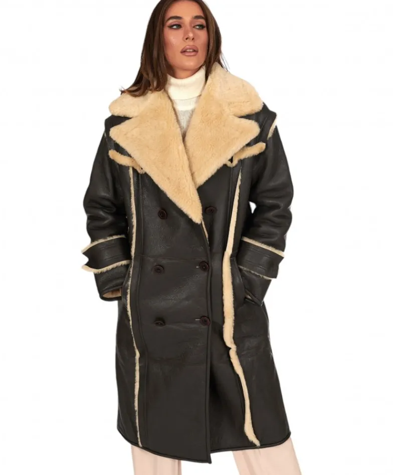 Donna D'Arienzo Alix - Cappotto in montone testa di moro doppiopetto effetto vintage