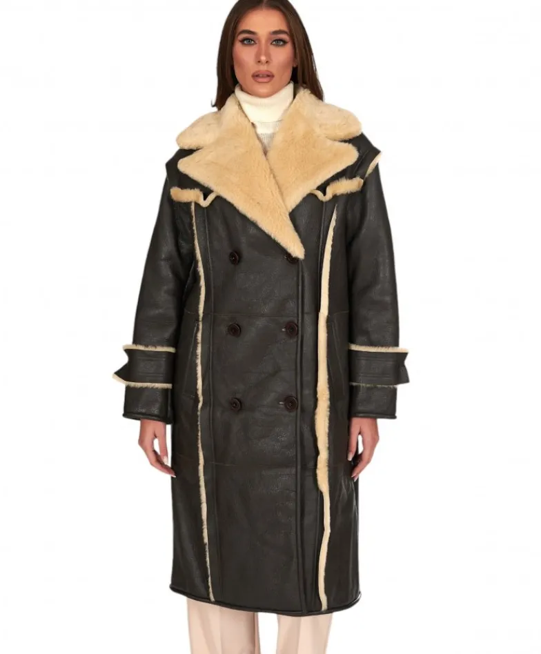 Donna D'Arienzo Alix - Cappotto in montone testa di moro doppiopetto effetto vintage