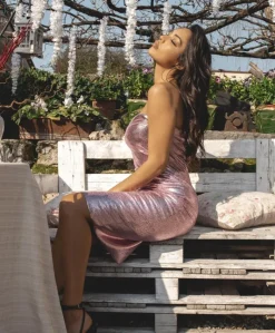 Donna D'Arienzo Amelia - Vestito rosa a tubino effetto pelle laminata media lunghezza