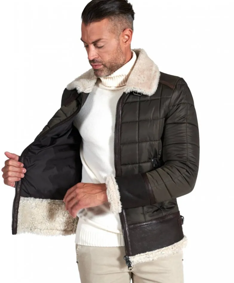 Uomo D'Arienzo Andrew - Piumino trapuntato verde profili pelle e shearling testa di moro