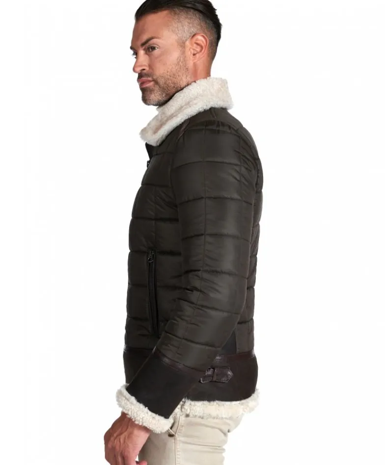 Uomo D'Arienzo Andrew - Piumino trapuntato verde profili pelle e shearling testa di moro