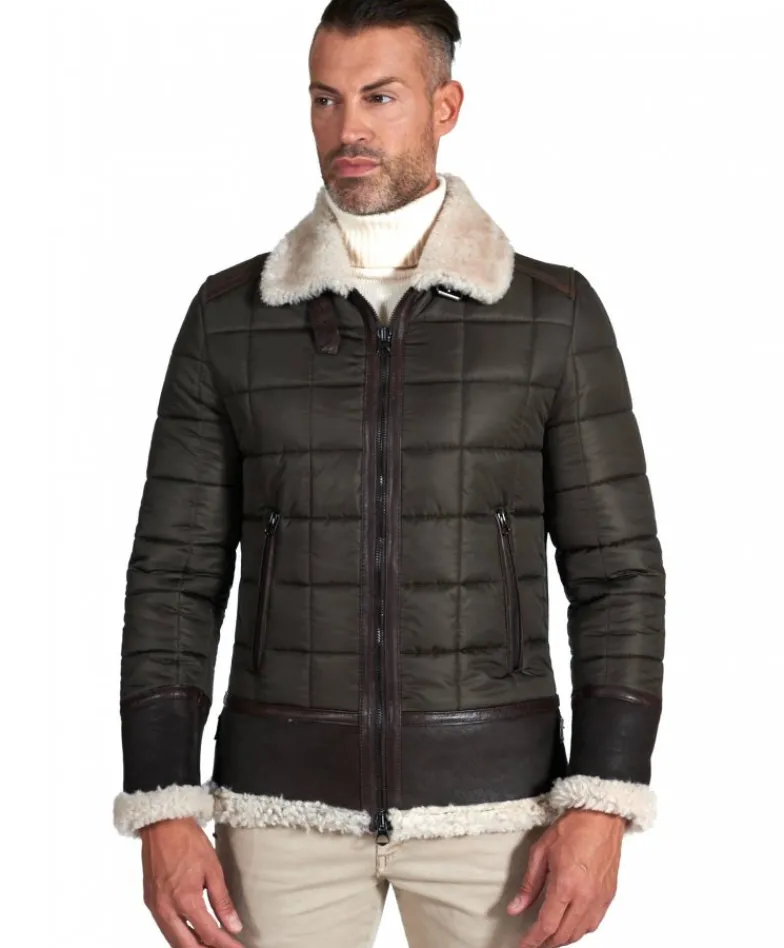Uomo D'Arienzo Andrew - Piumino trapuntato verde profili pelle e shearling testa di moro