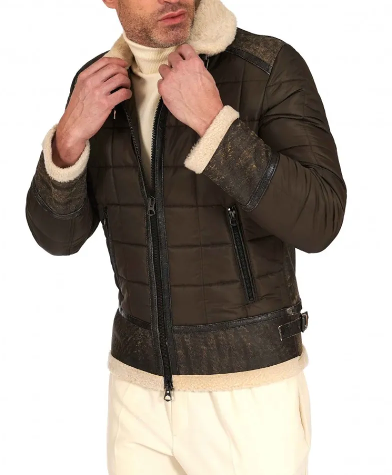 Uomo D'Arienzo Andrew - Piumino trapuntato verde profili pelle e shearling testa di moro