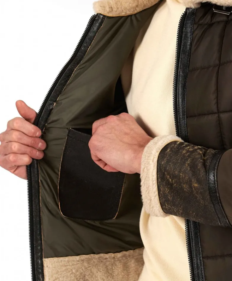 Uomo D'Arienzo Andrew - Piumino trapuntato verde profili pelle e shearling testa di moro