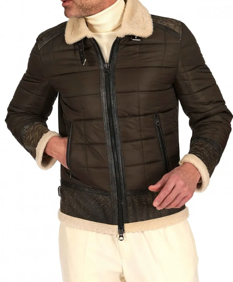 Uomo D'Arienzo Andrew - Piumino trapuntato verde profili pelle e shearling testa di moro