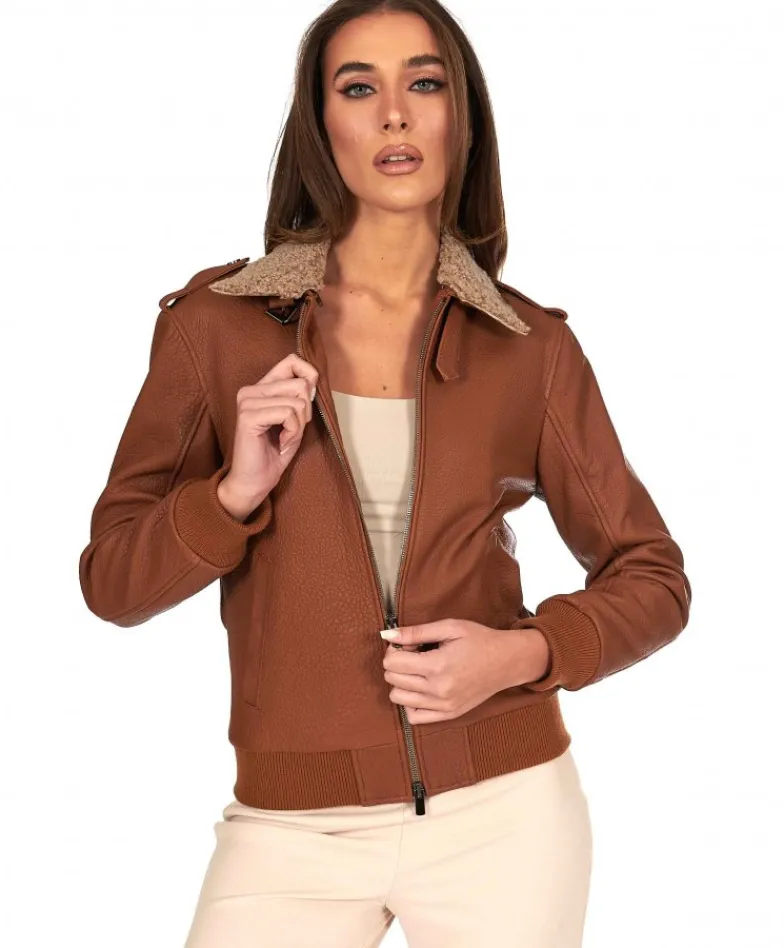 Donna D'Arienzo Antea - Bomber aviator in pelle raggrinziata color cuoio