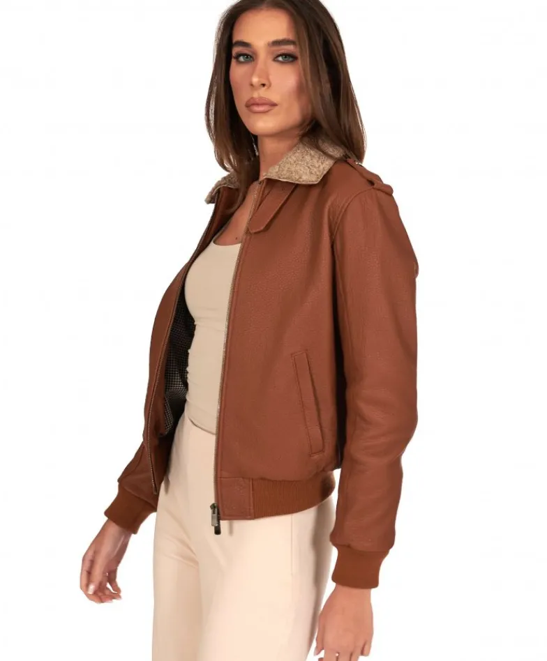Donna D'Arienzo Antea - Bomber aviator in pelle raggrinziata color cuoio