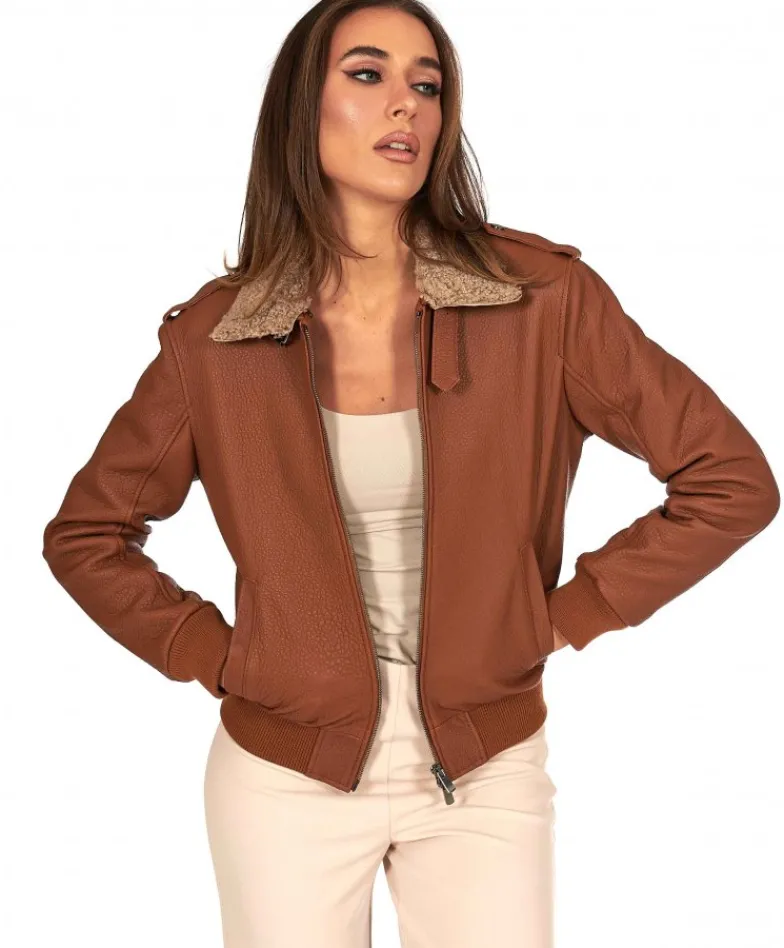 Donna D'Arienzo Antea - Bomber aviator in pelle raggrinziata color cuoio