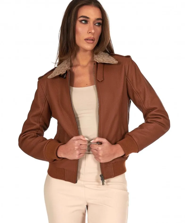 Donna D'Arienzo Antea - Bomber aviator in pelle raggrinziata color cuoio