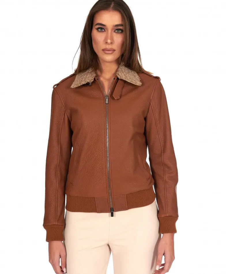 Donna D'Arienzo Antea - Bomber aviator in pelle raggrinziata color cuoio