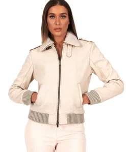 Donna D'Arienzo Antea - Bomber aviator in pelle raggrinzita color crema collo montone