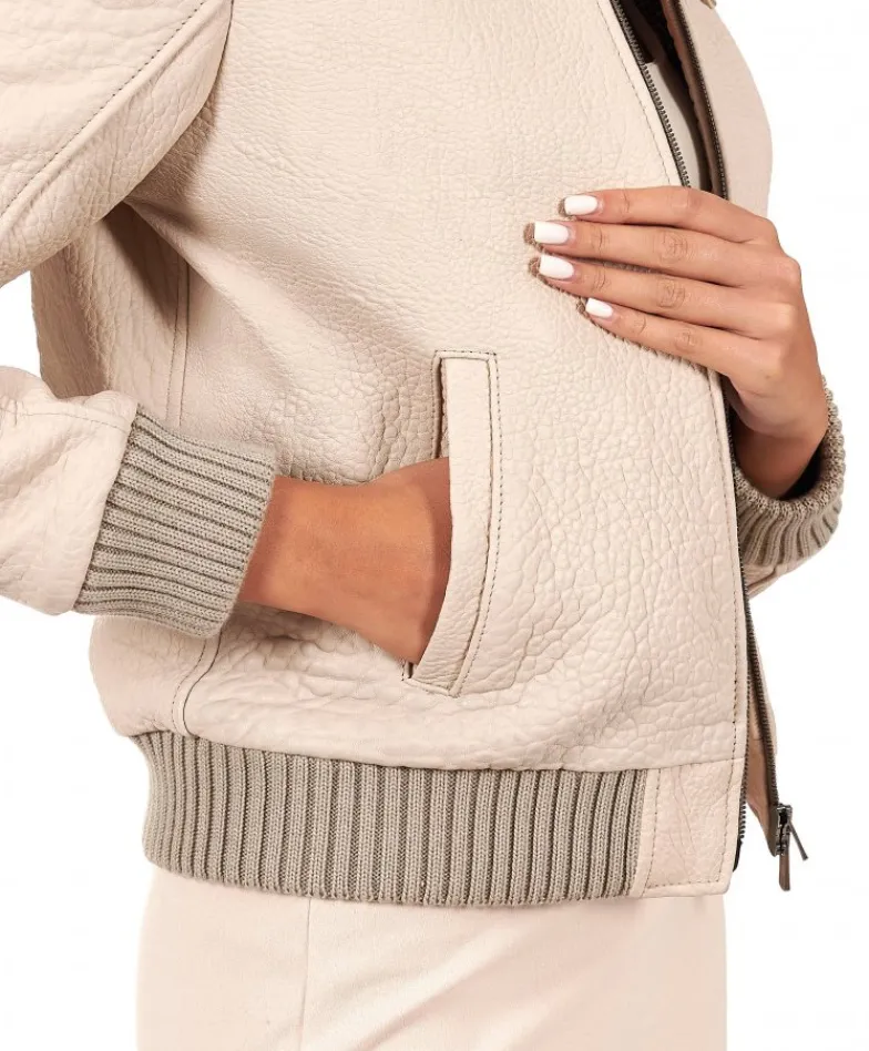 Donna D'Arienzo Antea - Bomber aviator in pelle raggrinzita color crema collo montone