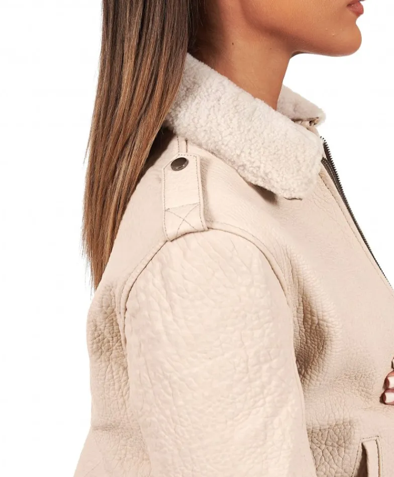 Donna D'Arienzo Antea - Bomber aviator in pelle raggrinzita color crema collo montone