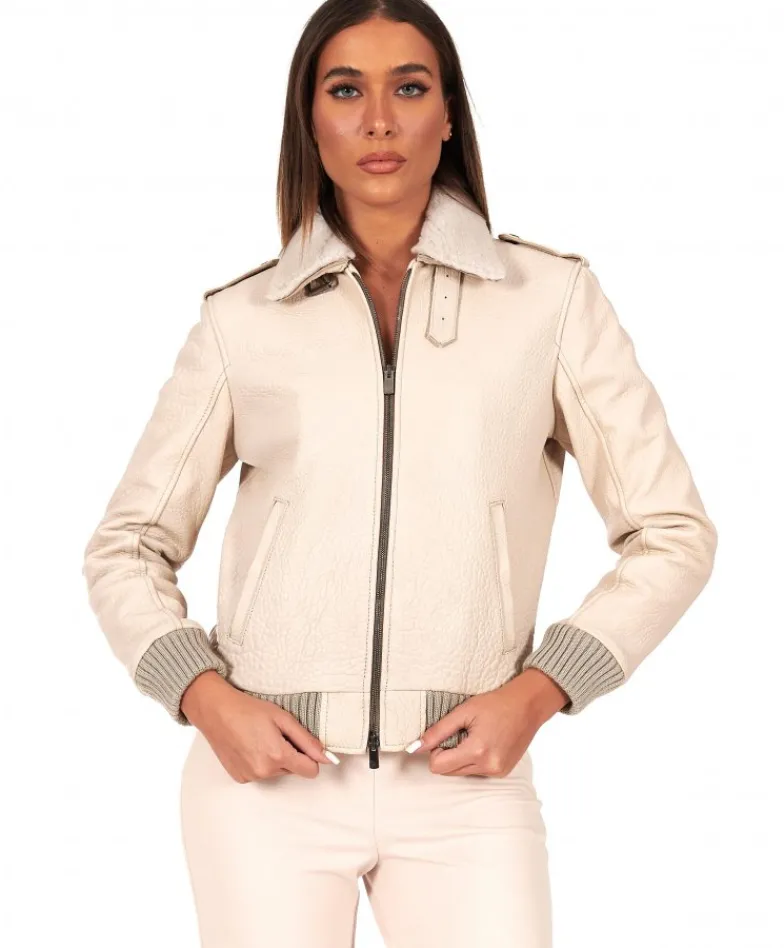 Donna D'Arienzo Antea - Bomber aviator in pelle raggrinzita color crema collo montone
