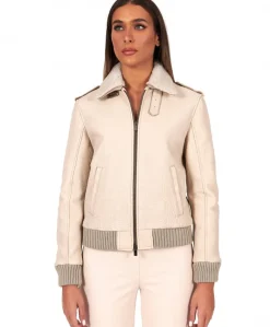 Donna D'Arienzo Antea - Bomber aviator in pelle raggrinzita color crema collo montone