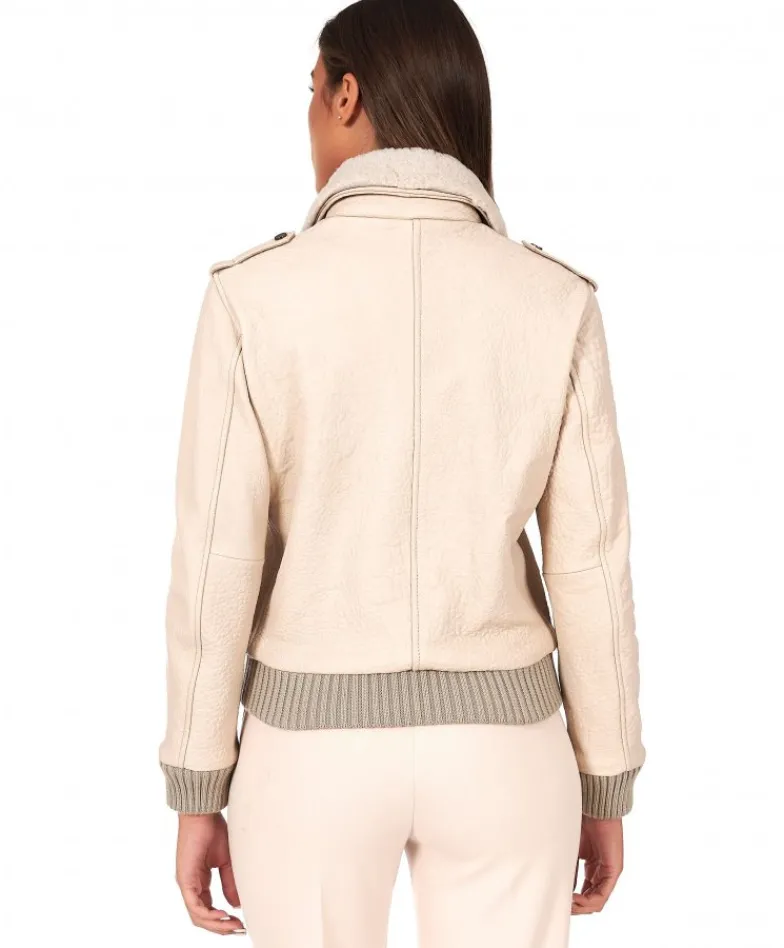 Donna D'Arienzo Antea - Bomber aviator in pelle raggrinzita color crema collo montone