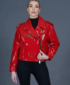 Donna D'Arienzo Arah - Chiodo oversize in pelle rossa laminata versione corta