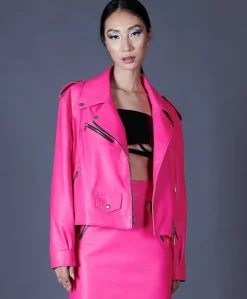 Donna D'Arienzo Arah - Chiodo oversize in pelle fuxia versione corta
