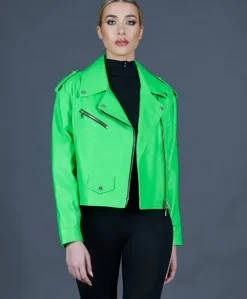Donna D'Arienzo Arah - Chiodo oversize in pelle verde fluo versione corta