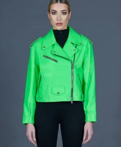 Donna D'Arienzo Arah - Chiodo oversize in pelle verde fluo versione corta