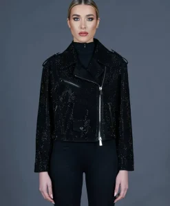 Donna D'Arienzo Arah - Chiodo oversize in pelle scamosciata nera con cristalli
