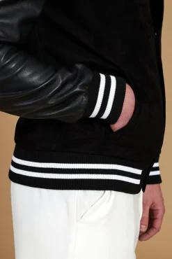 Uomo D'Arienzo Aron - Giubbotto varsity in camoscio e pelle nera con elastico bicolore