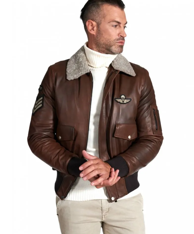 Uomo D'Arienzo Aviator - Giubbotto aviatore in pelle marrone collo montone