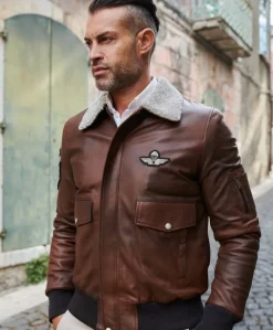 Uomo D'Arienzo Aviator - Giubbotto aviatore in pelle marrone collo montone
