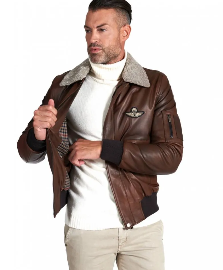 Uomo D'Arienzo Aviator - Giubbotto aviatore in pelle marrone collo montone