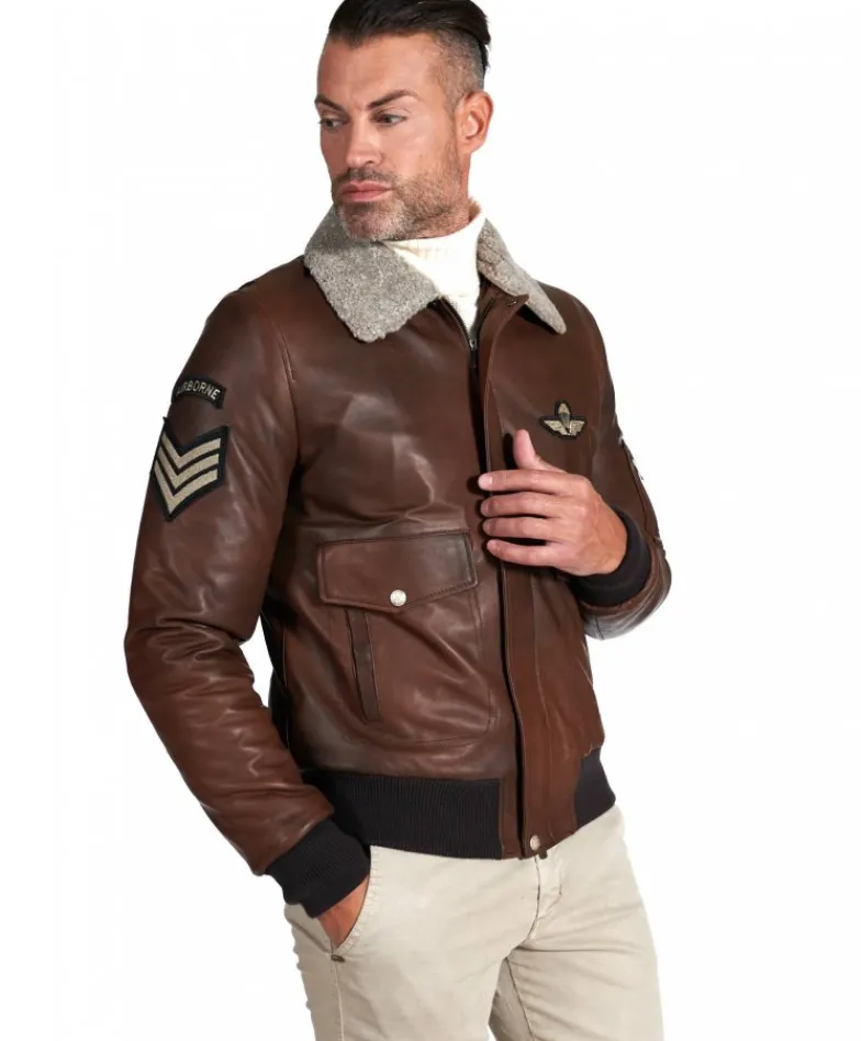 Uomo D'Arienzo Aviator - Giubbotto aviatore in pelle marrone collo montone