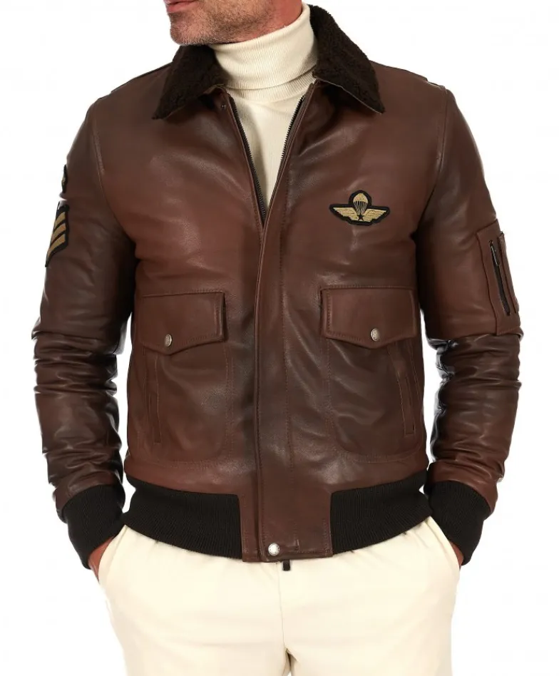 Uomo D'Arienzo Aviator - Giubbotto aviatore in pelle marrone collo montone a tono