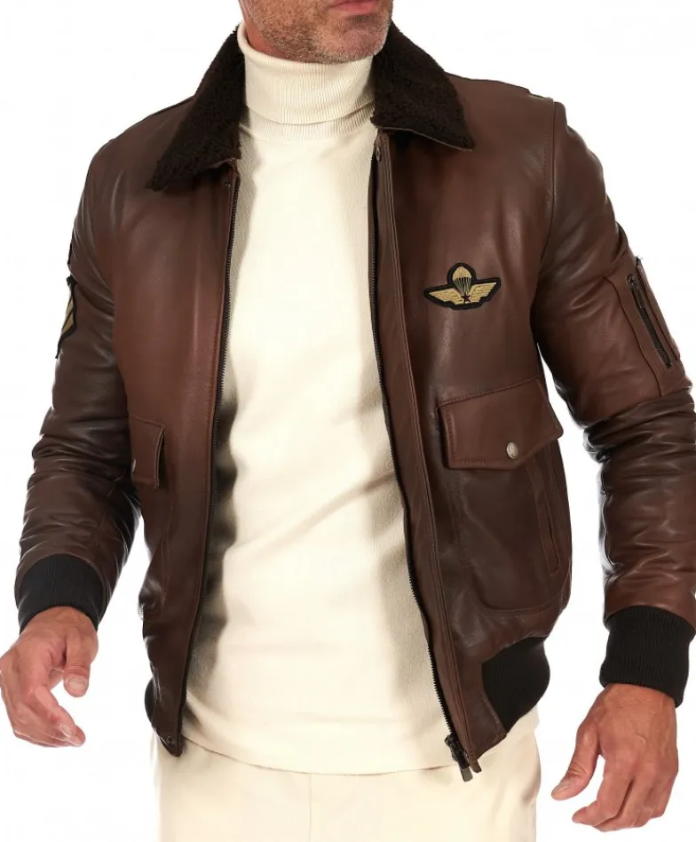 Uomo D'Arienzo Aviator - Giubbotto aviatore in pelle marrone collo montone a tono