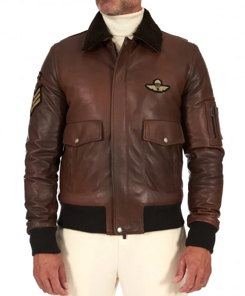 Uomo D'Arienzo Aviator - Giubbotto aviatore in pelle marrone collo montone a tono