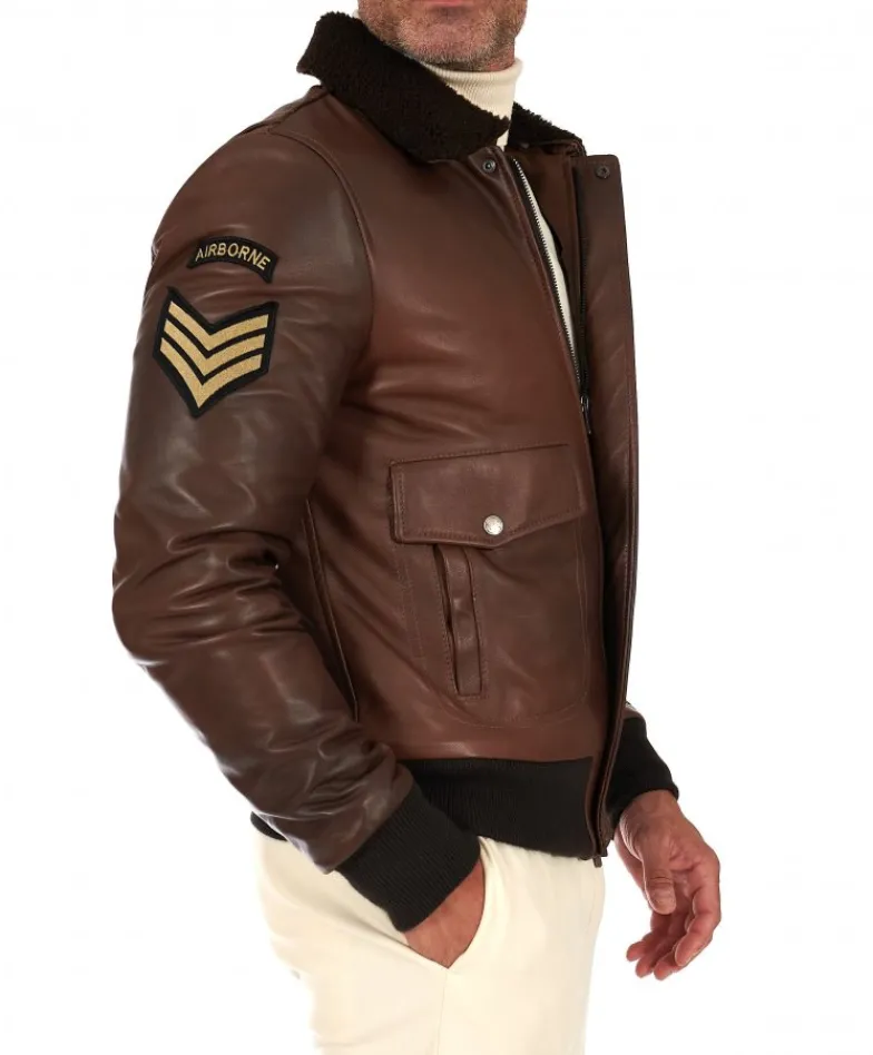 Uomo D'Arienzo Aviator - Giubbotto aviatore in pelle marrone collo montone a tono