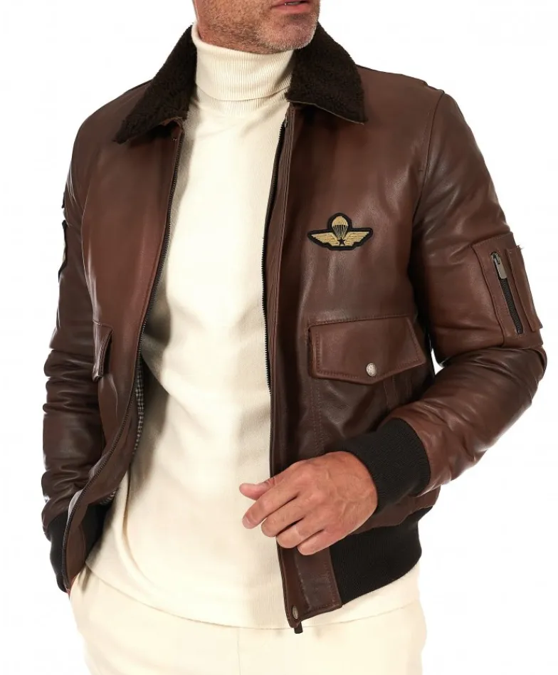 Uomo D'Arienzo Aviator - Giubbotto aviatore in pelle marrone collo montone a tono