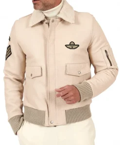 Uomo D'Arienzo Aviator - Giubbotto aviatore in pelle raggrinzita color crema collo montone