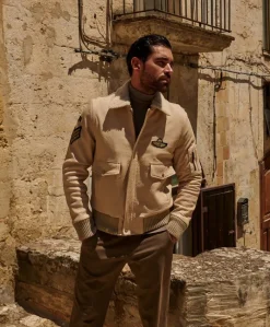 Uomo D'Arienzo Aviator - Giubbotto aviatore in pelle raggrinzita color crema collo montone