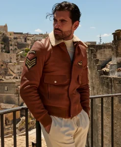 Uomo D'Arienzo Aviator - Giubbotto aviatore in pelle raggrinzita color cuoio collo montone