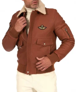 Uomo D'Arienzo Aviator - Giubbotto aviatore in pelle raggrinzita color cuoio collo montone