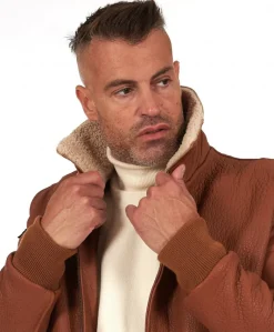 Uomo D'Arienzo Aviator - Giubbotto aviatore in pelle raggrinzita color cuoio collo montone