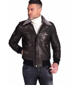 Uomo D'Arienzo Aviator - Giubbotto bomber aviatore in pelle nera collo montone