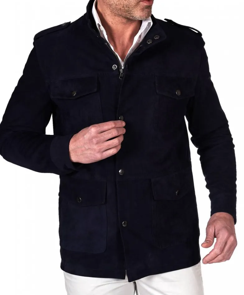 Uomo D'Arienzo Axel - Sahariana camoscio blu uomo con tasche applicate